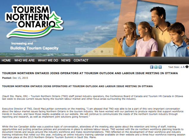 TOURISM NORTHERN ONTARIO JOINS OPERATORS AT TOURISM OUTLOOK AND LABOUR ISSUE MEETING IN OTTAWA